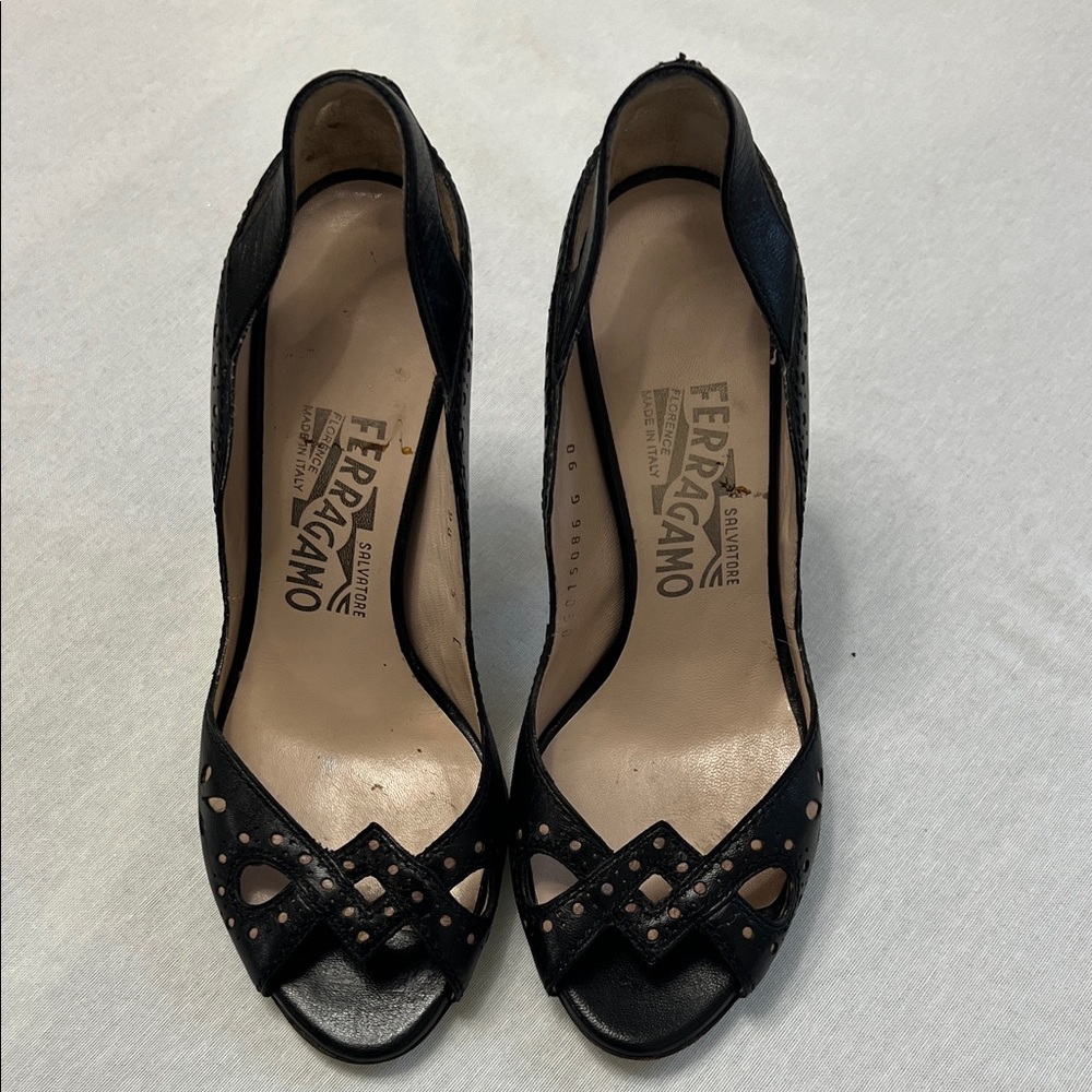 Salvatore Ferragamo Black Cut-Out Peep Toe Heels